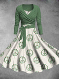 Vintage Christmas Peace Sign Print Two-Piece Backless Dress