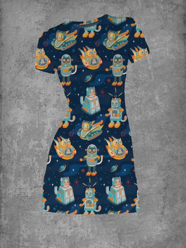 Women's Outer Space Cat Bots Print Crew Neck T-Shirt Dress