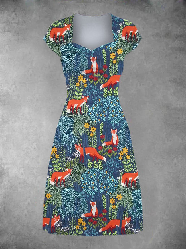 Women's Gold Fox Forest Patchwork Casual Midi Dress