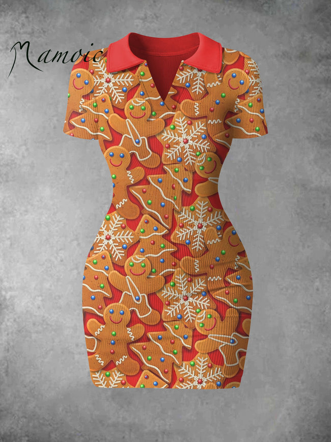 Women's Vintage Gingerbread Print Ribbed Bodycon Mini Dress