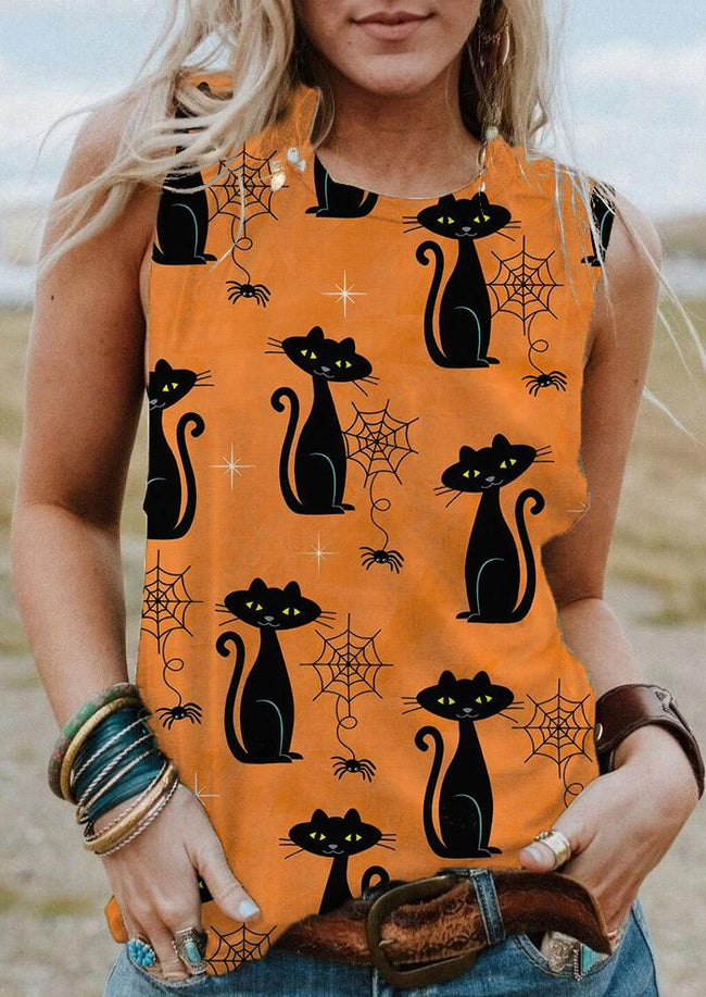 Women's Black Cat Halloween Spider Charms Print Tank Top