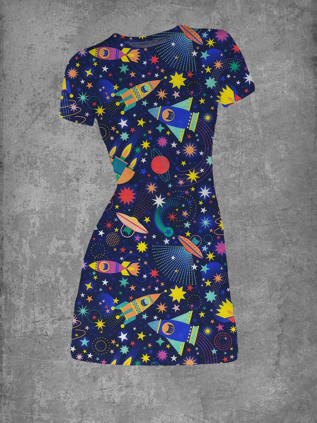 Women's Retro Rainbow Space Cat Print Crew Neck T-Shirt Dress