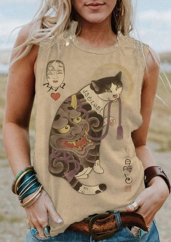 Vintage Japanese Samurai Cat Tattoo Print Tank Top