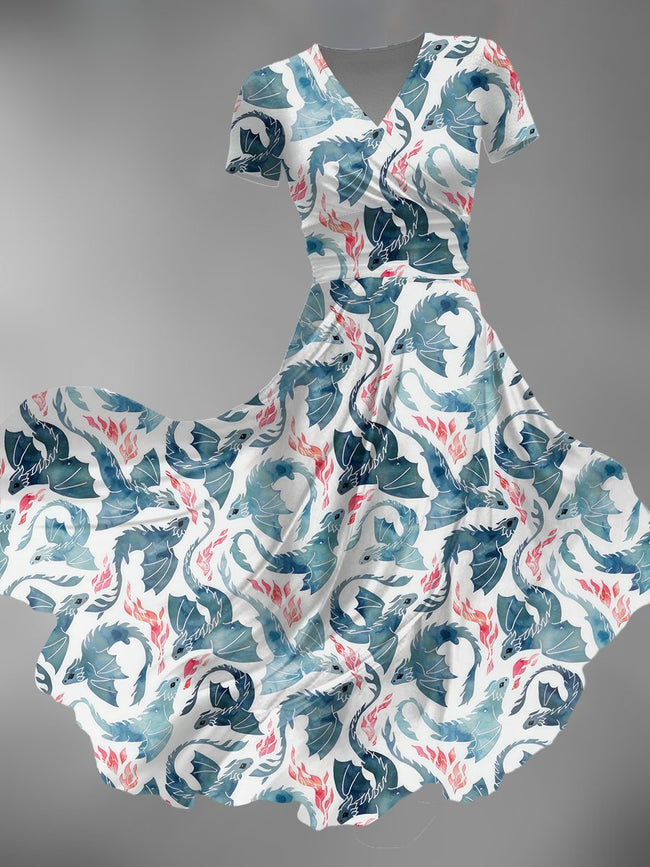 Women's Vintage Dragon Print Maxi Dress