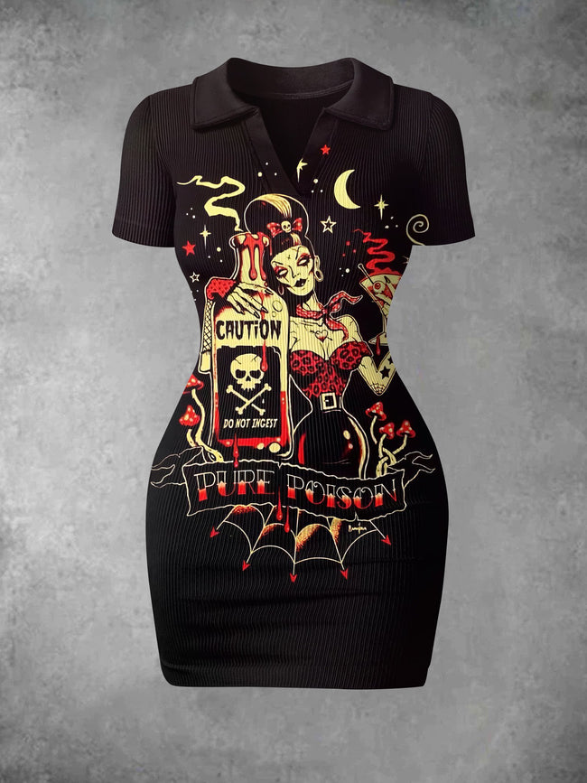 Women's Vintage Girl Halloween Print Ribbed Bodycon Mini Dress