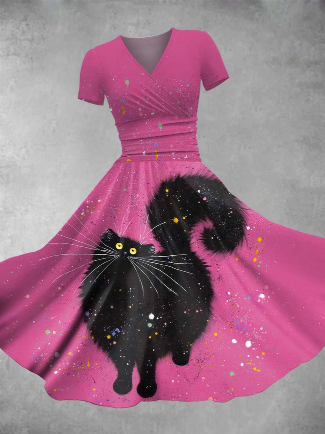 Women's Vintage Cute Black Cat Print Maxi Dress