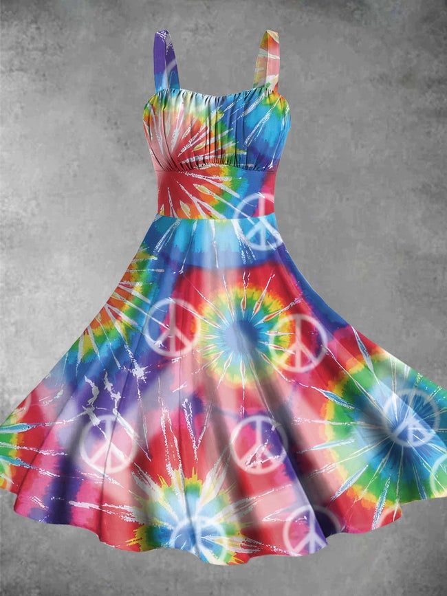 Vintage Hippie Tie Dye Print Backless Dress