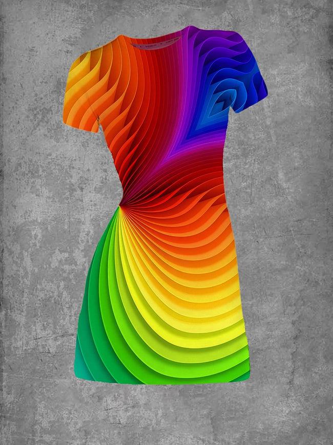 Women's Color Rainbow Print Crew Neck T-Shirt Dress