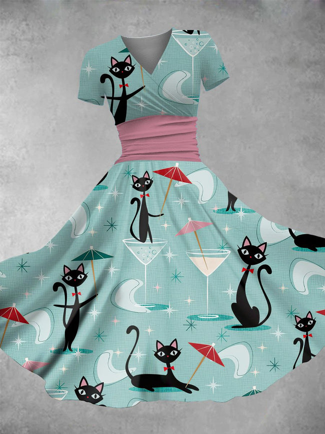 Women's Vintage Cat Print Maxi Dress