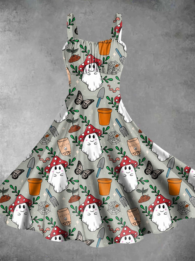 Vintage Ghost Halloween Print Backless Dress