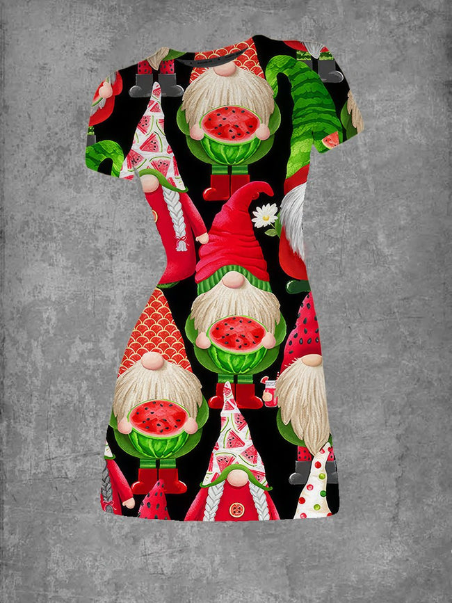 Women's Watermelon Gnomes Party Print Crew Neck T-Shirt Dress