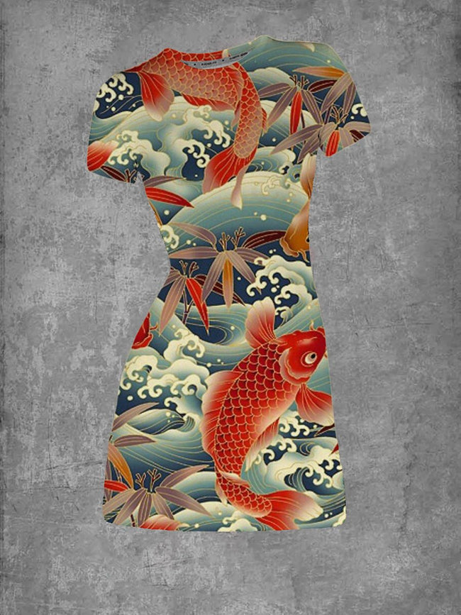 Vintage Koi Fish Graphic Crew Neck T-Shirt Dress