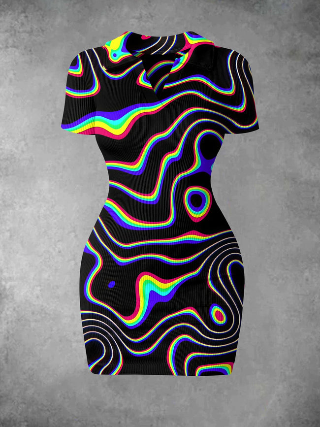 Women's Vintage Abstract Lines Print Ribbed Bodycon Mini Dress