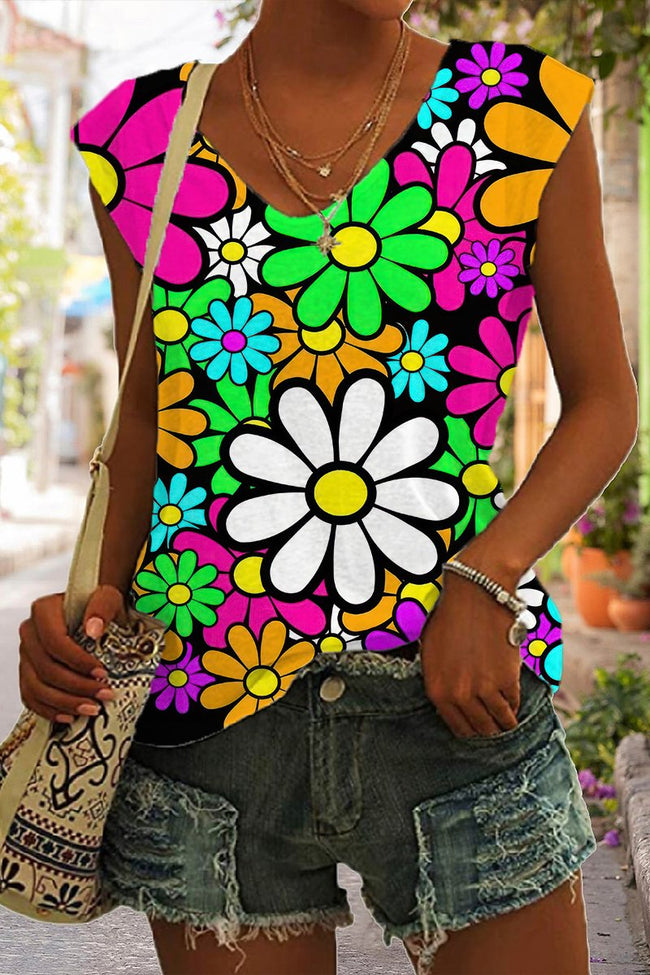 Women's Retro Daisies Flowers Print Sleeveless Tank Top