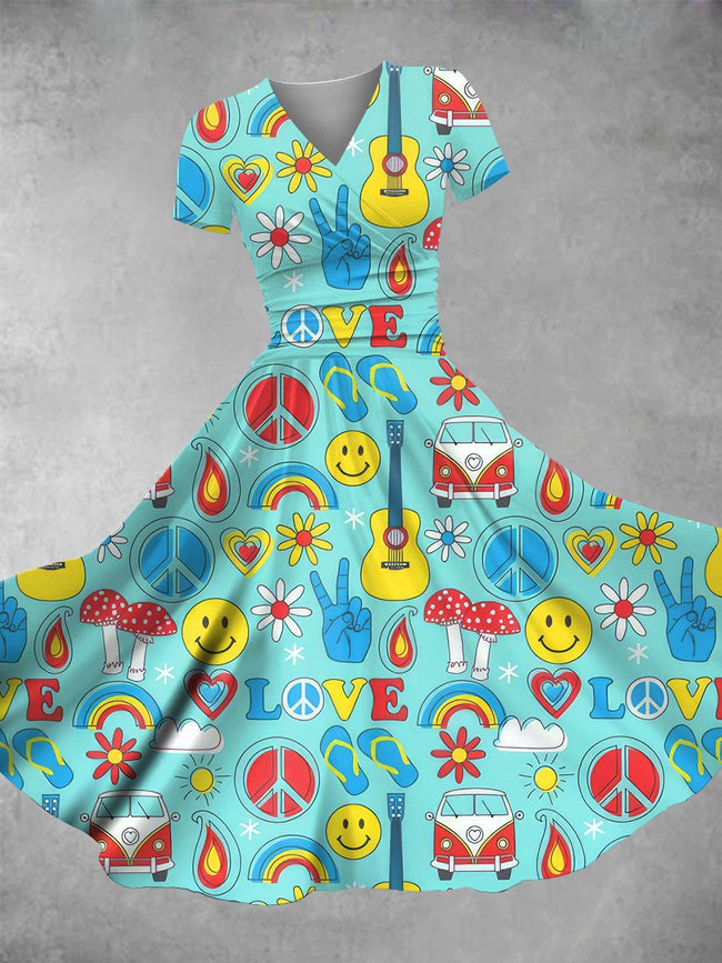 Women's Vintage Hippie Doodles Print Maxi Dress