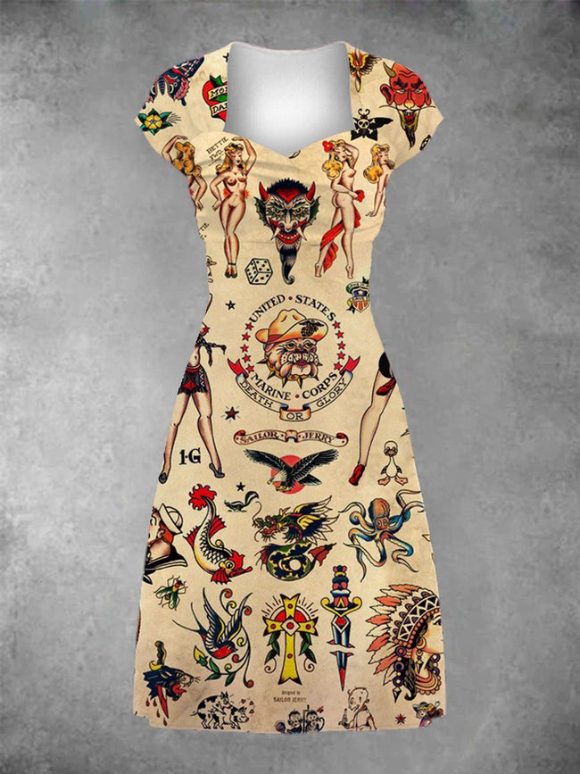Women's Vintage Sailor Tattoo Print Patchwork Casual Midi Dress