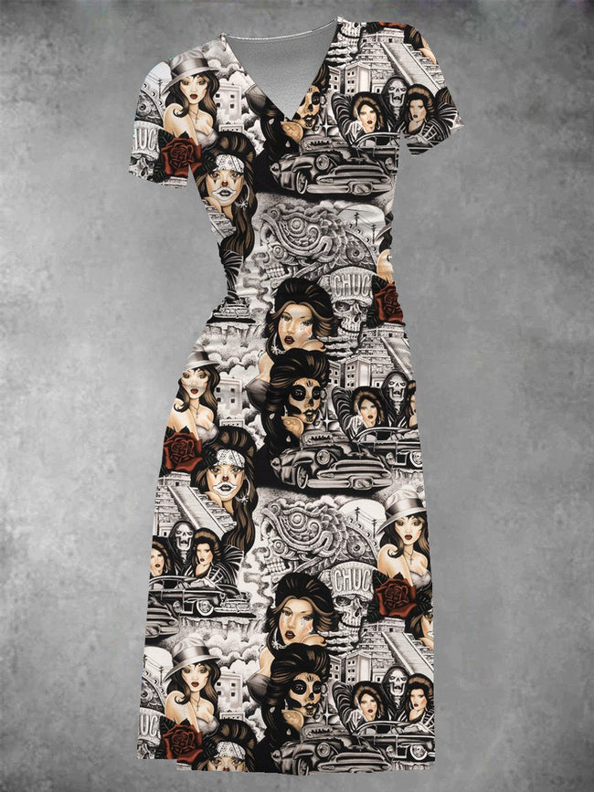 Women's Vintage Classy Woman Print Two-Piece Midi Dress