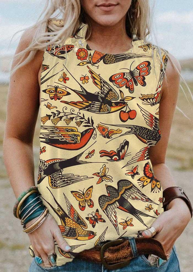 Women's Vintage Swallows & Butterflies Print Tank Top