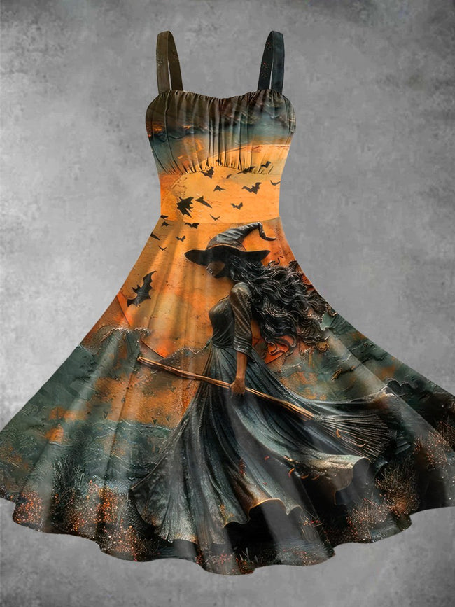 Vintage Bronze Witch Halloween Print Backless Dress