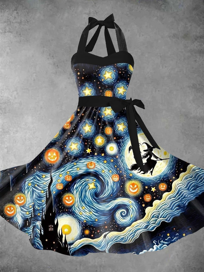 Women's Van Gogh the Witch of the Starry Sky Printed 1950s Audrey Dress Halter Maxi Dress