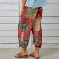 Women's Cotton Linen Capri Pants Drawstring Elastic High Waist Boho Vintage Hippie Print