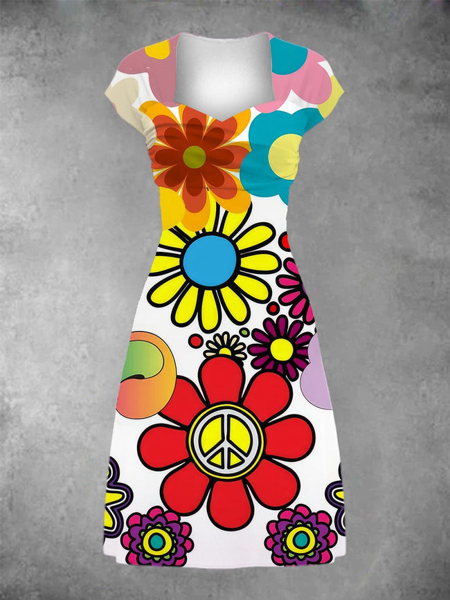 Women's Peace Flowers Power Print Patchwork Casual Midi Dress