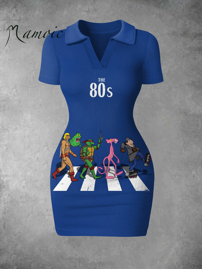 Women's Vintage Cute Cartoon Crossing The Road Print Ribbed Bodycon Mini Dress