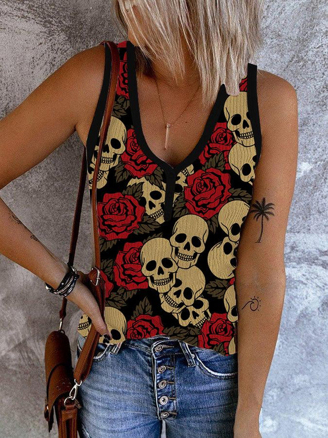 Women's Skulls And Roses Ribbed Button V Neck Tank Top