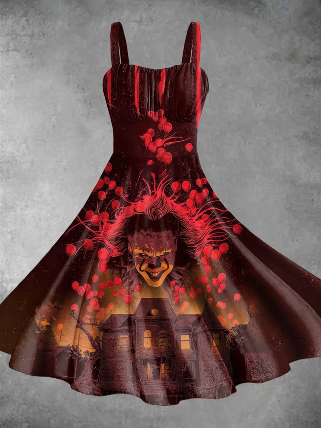 Vintage Clown Halloween Print Backless Dress