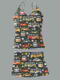 V-Neck Retro Hippie Style Print Suspender Skirt Tankini Pantskirt Set Swimsuit