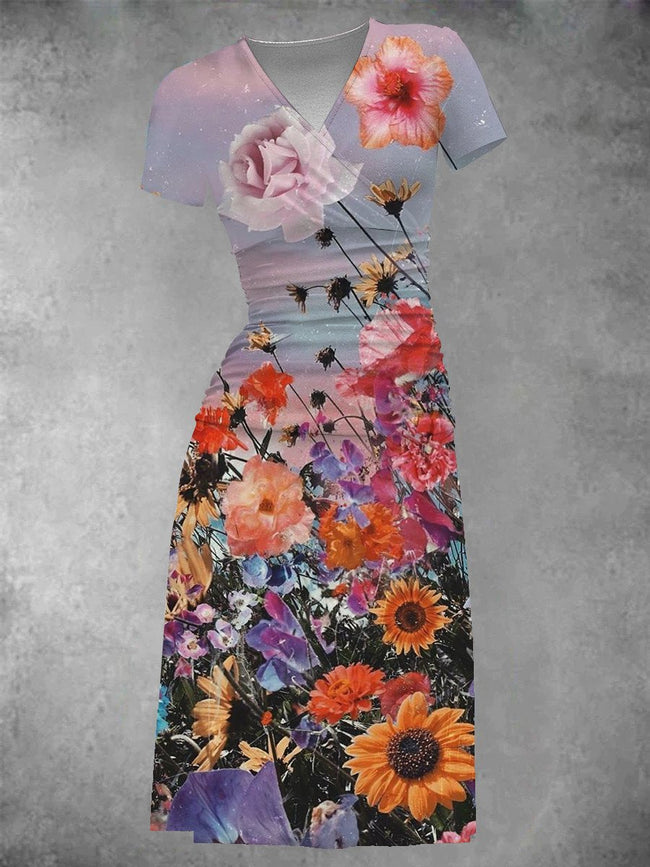 Women's Vintage Flowers Print Two-Piece Midi Dress