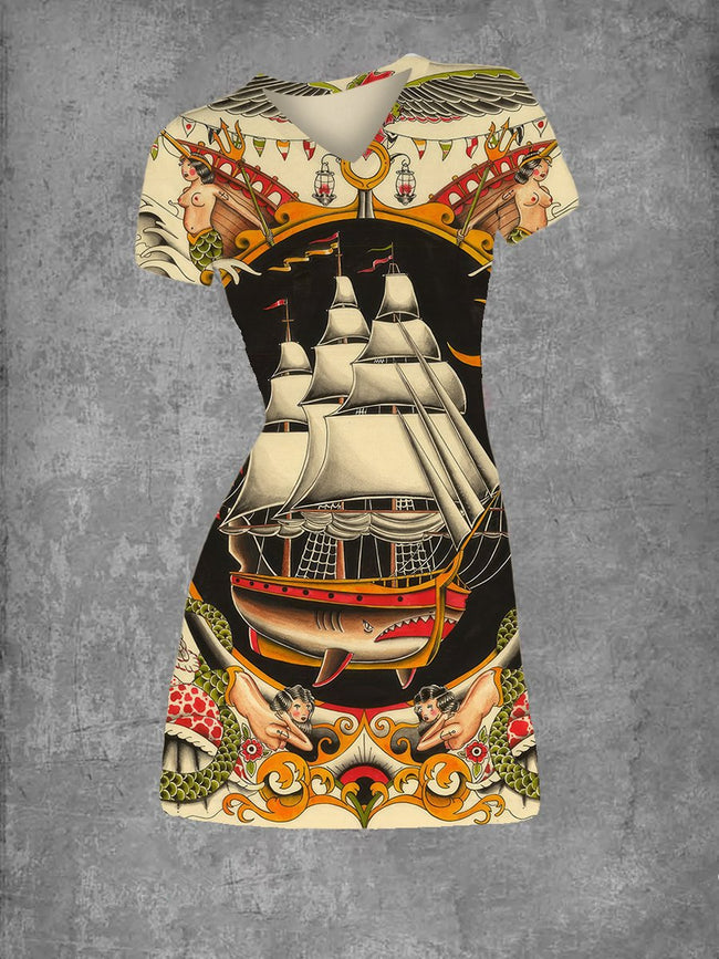 Women's Vintage Shark Printed V Neck T-Shirt Dress