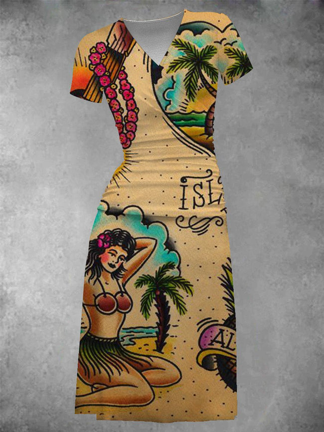 Women's Beach Print Two-Piece Midi Dress
