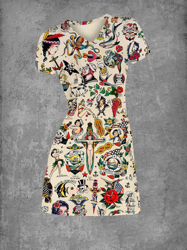 Women's Traditional Tattoo Print V Neck T-Shirt Dress