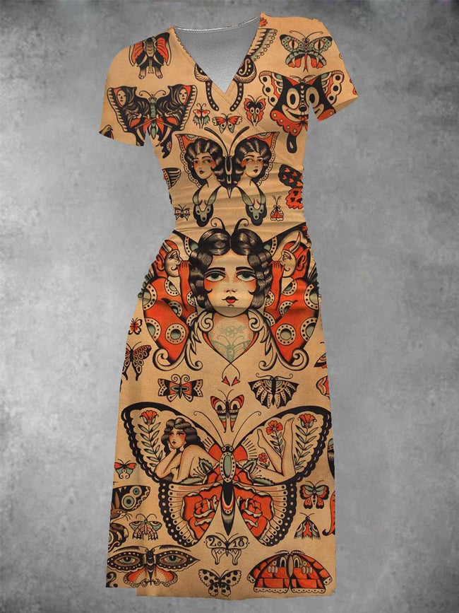 Women's Vintage Butterfly Tattoo Print Midi Dress Set