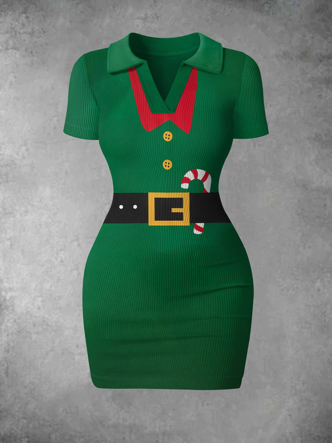 Women's Vintage Santa Costume Print Ribbed Bodycon Mini Dress