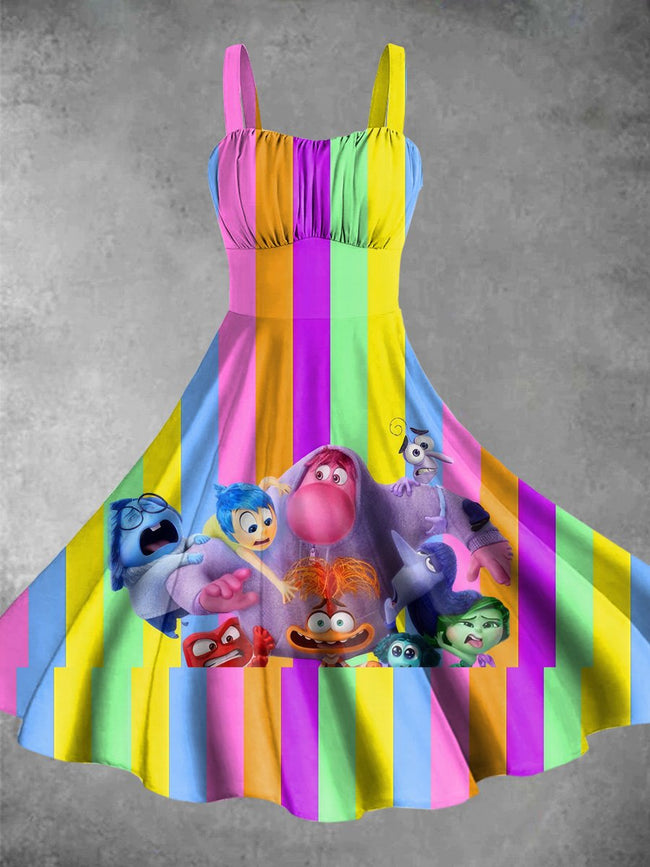 Vintage Rainbow Cute Cartoon Print Backless Dress