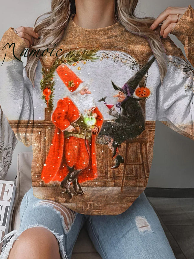 Vintage Santa and the Witch Print Sweatshirt