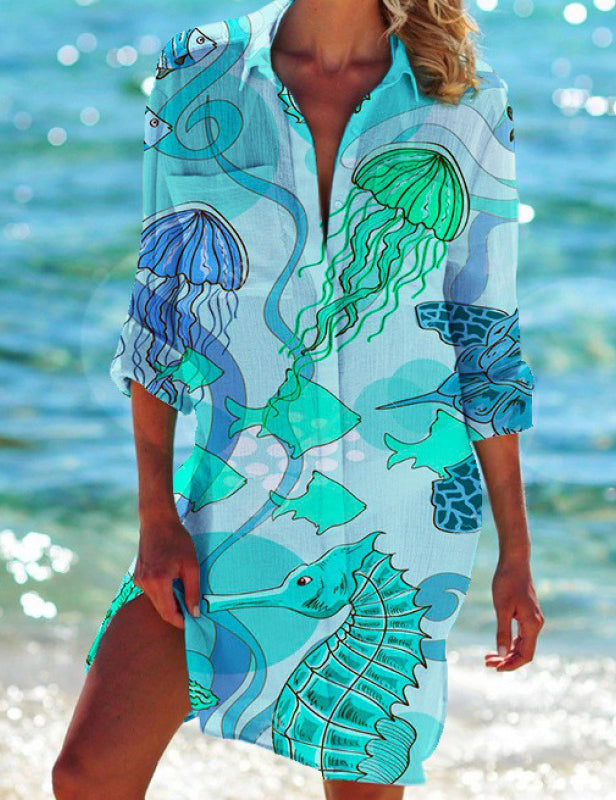 Women's Jellyfish Print Beach Shirt Dress