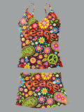 V-Neck Retro Hippie Peace Floral Print Suspender Skirt Tankini Pantskirt Set Swimsuit