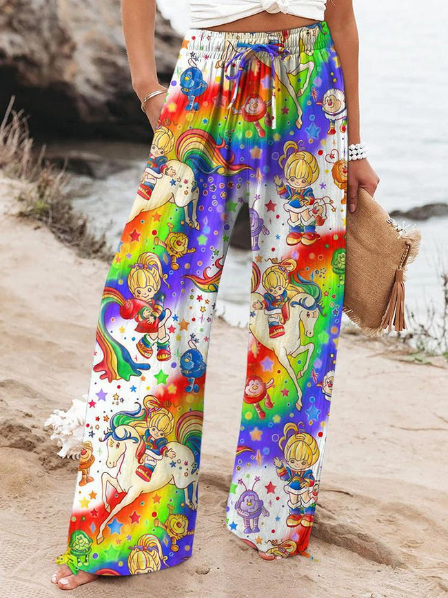 Women's Vintage 1980s Rainbow Girl Printed Casual Pants