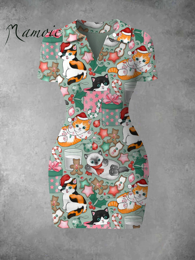 Women's Vintage Cute Christmas Cat Print Ribbed Bodycon Mini Dress