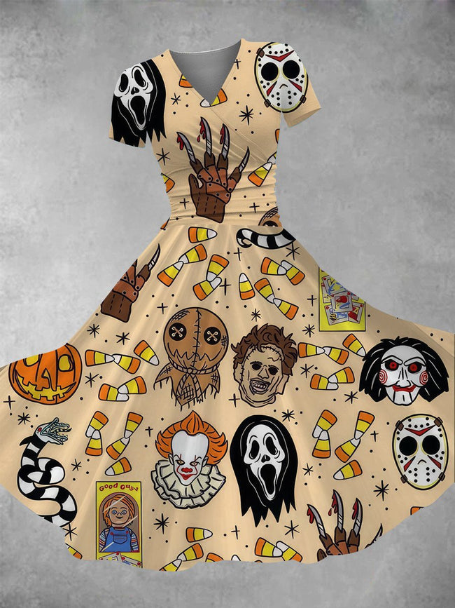 Women's Vintage Halloween Horror Movie Print Maxi Dress
