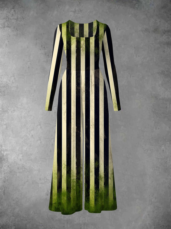 Women's Halloween Beetlejuice Print Long Sleeve Wide Leg Jumpsuits