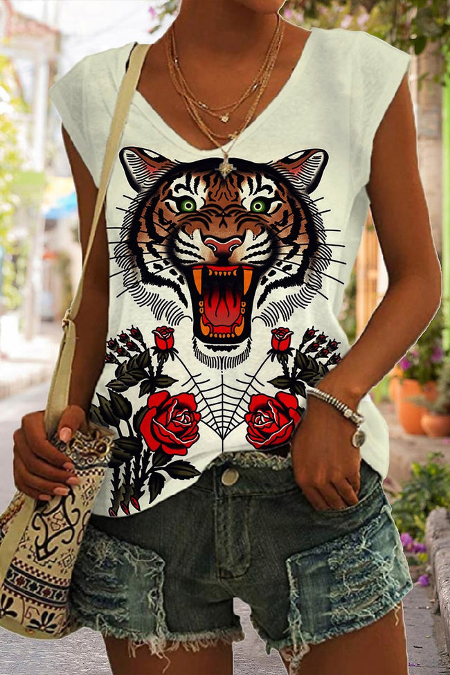 Women's Tiger Rose Tattoo Print V Neck Tank Top