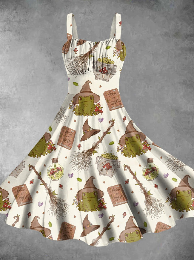 Vintage Frog Halloween Print Backless Dress