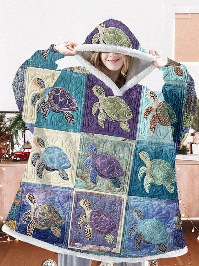 Turtle print oversized flannel hoodie blanket