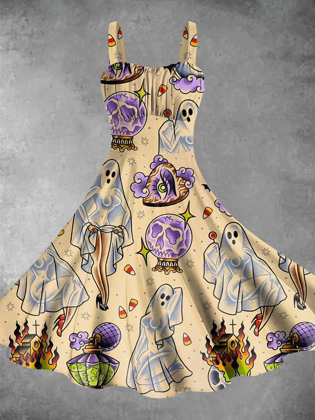 Vintage Halloween Print Backless Dress