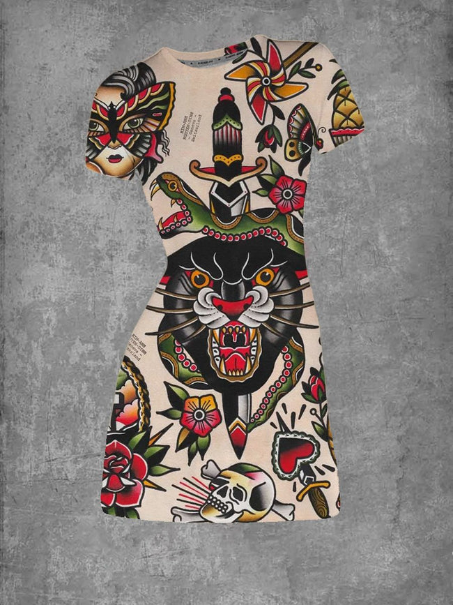 Vintage Tiger Tattoo Print Graphic Crew Neck T-Shirt Dress