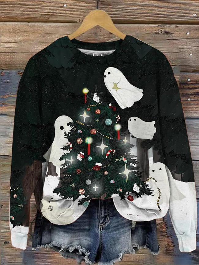 Vintage Christmas Cute Ghost Print Sweatshirt